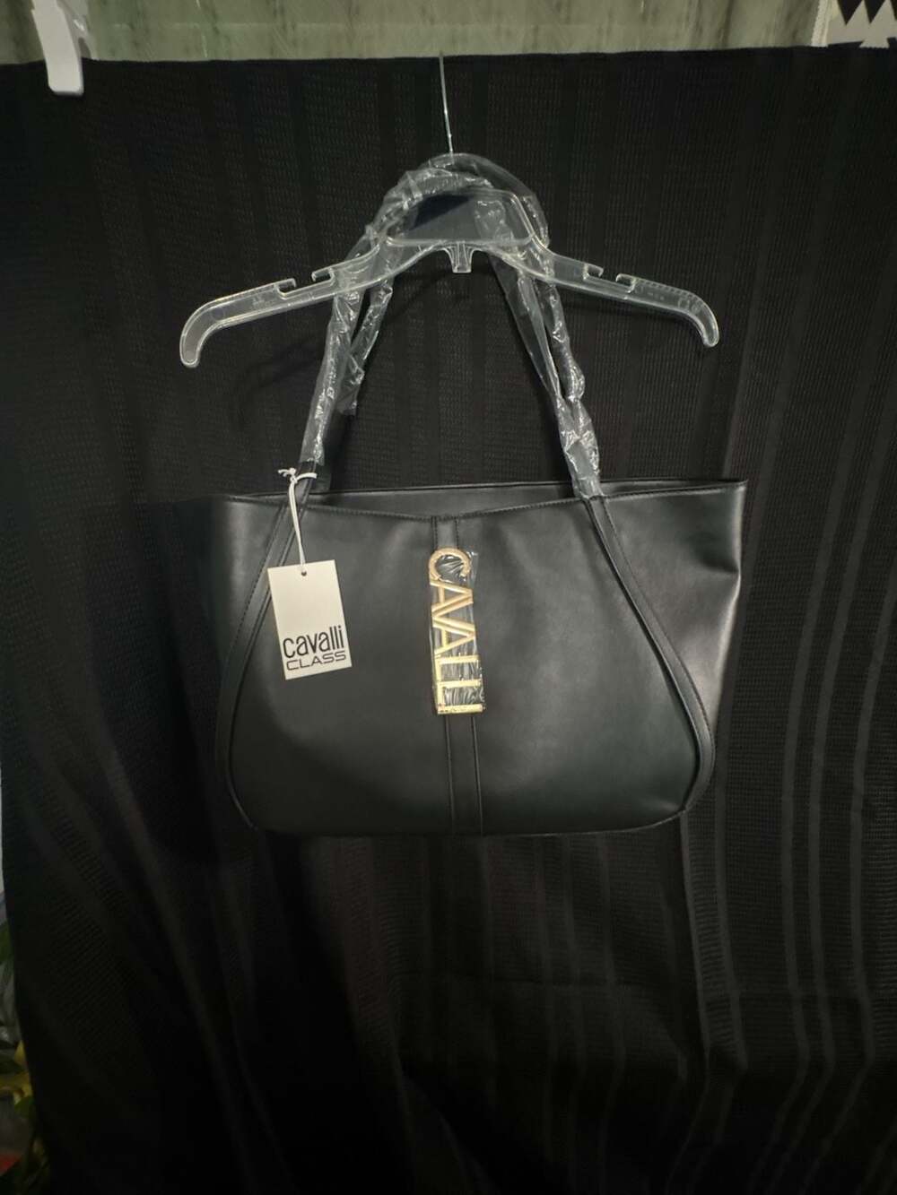 BRAND NEW! Cavalli Class Black Tote Handbag with Gold Logo Charm